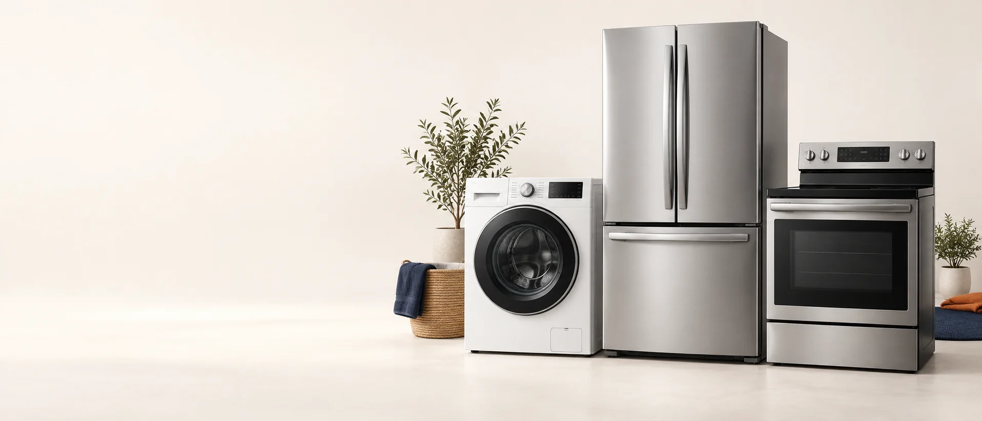 Staged refrigerator, washing machine and range in a warm home setting